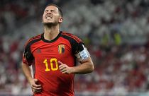 النجم البلجيكي إدين هازار في مباراة المنتخب البلجيكي والمغرب في مونديال 2022 في الدوحة، قطر.