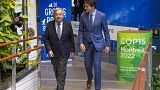 Canadian Prime Minister Justin Trudeau, right, greets Secretary-General of the United Nations Antonio Guterres as they hold a bilateral meeting in Montreal