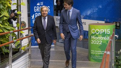 El secretario general de la ONU, António Guterres junto al primer ministro de Canadá Justin Trudeau