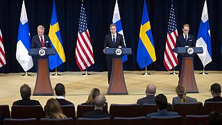 Blinken speaking at a joint press conference with his Swedish and Finnish Counterparts in Washington, DC.