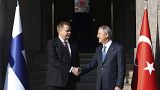 Turkish Defence Minister Hulusi Akar, right, and Finnish Defence Minister Antti Kaikkonen shake hands during a welcome ceremony in Ankara, Turkey. Thursday, 8 Dec. 2022