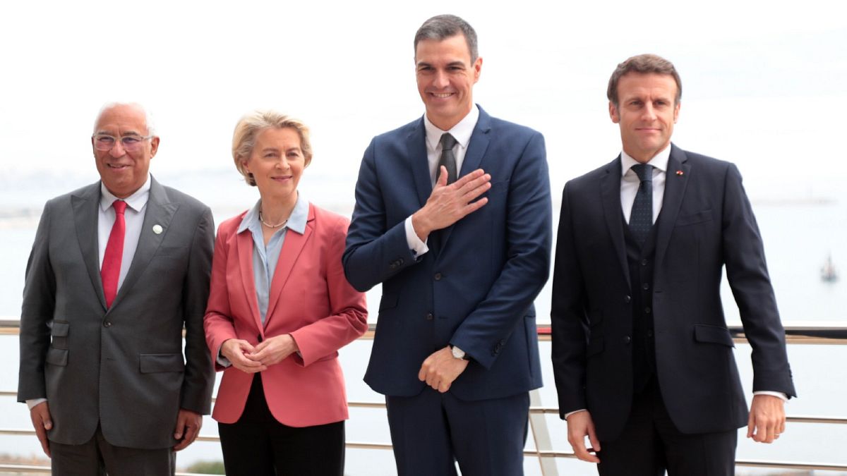 Portuguese PM Antonia Costa, Commission chief Ursula von der Leyen, Spanish PM Pedro Sanchez and French President Emmanuel Macron, in Alicante, Spain, Dec. 9, 2022. 