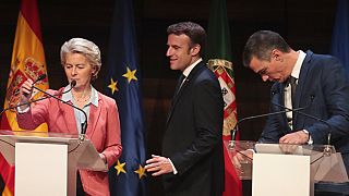(L-R) Ursula von der Leyen, President of the European Commission, Emmanuel Macron, President of France and Pedro Sánchez, Prime Minister of Spain