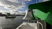 View from Medstraum, the first 100% electrically powered fast ferry on route in Stavanger, Norway