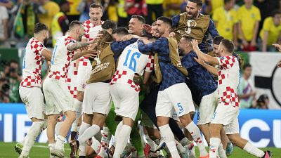Croatia team celebrate after the World Cup quarterfinal match between Croatia and Brazil, at the Education City Stadium in Al Rayyan, Qatar, Friday, Dec. 9, 2022. 