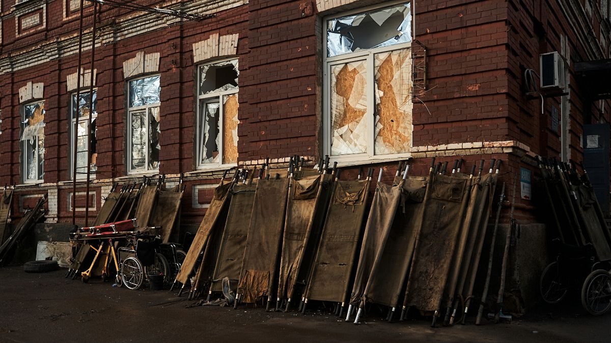 Stretchers are seen outside a city hospital, where wounded Ukrainian soldiers are brought for treatment, in Bakhmut.