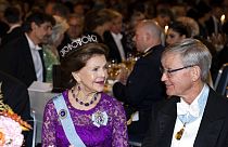Sweden's Queen Silvia and Carl-Henrik Heldin, chairman of the Nobel Foundation, during the Nobel Prize Banquet at the Town Hall in Stockholm.