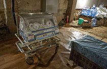 An incubator part of a makeshift operating area for urgent deliveries, inside the bomb shelter of the Lviv state regional perinatal centre, western Ukraine