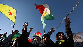 Syrian Kurds wave flags in the northern Iraqi city of Arbil, during a demonstration on February 2, 2018.