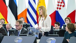 Roberta Metsola address the European Parliament plenary in Strasbourg, France.