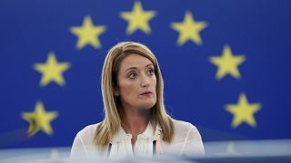 Roberta Metsola address the European Parliament plenary in Strasbourg, France.