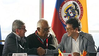 Kolombiya Ulusal Kurtuluş Ordusu (ELN) temsilcisi Pablo Beltran (sol) ve Kolombiya hükümeti adına Barış Yüksek Komiseri Ivan Danilo Rueda el sıkışırken