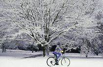 A person cycles through the snow in Greenwich Park, London on Monday