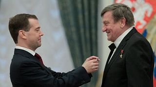 Dmitry Medvedev hands over medal “For Merits in Space Exploration" to Polish astronaut Miroslaw Hermaszewski during an awarding ceremony in Moscow in 2011.