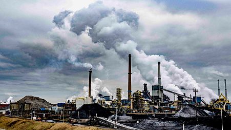 The blast furnaces of Tata Steel seen from the beach in Wijk aan Zee, Netherlands.