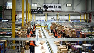 Employees work at an Amazon delivery station in Rozenburg on November 30, 2022.