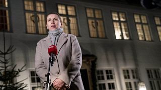 Mette Frederiksen chair of The Social Democrats and acting Prime Minister takes to the press during government negotiations at Marienborg in Copenhagen, Sunday Dec. 11, 2022.