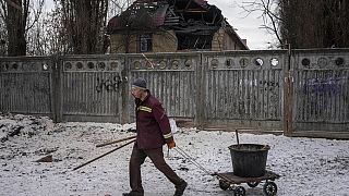 Tax office building that have been heavily damaged by a Russian attack in Kyiv.