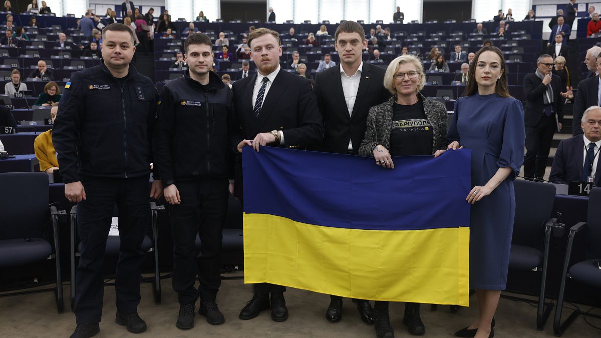 Ukrainian elected politicians & civil society members accept the Sakharov Prize for Freedom of Thought Award, the EU’s top human rights prize, Dec. 14, 2022 in Strasbourg.