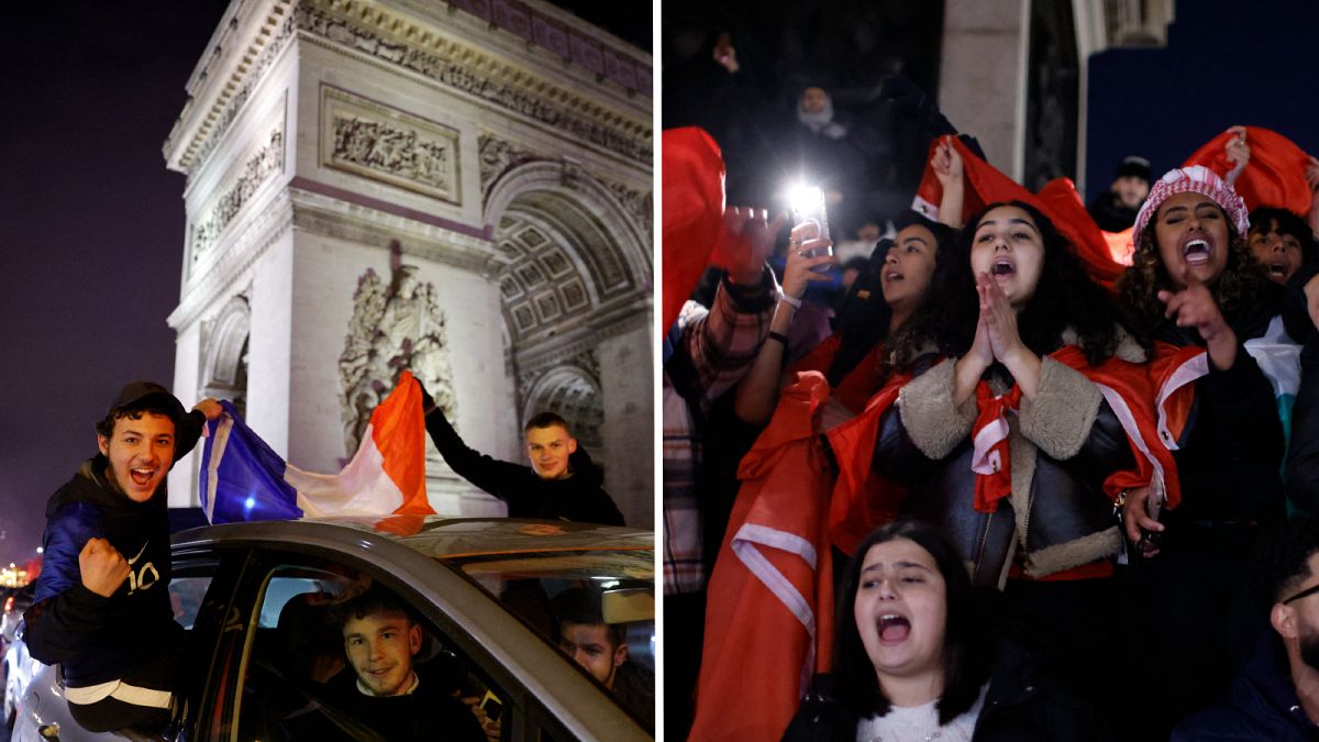 Left: French football fans in Paris | Right: Moroccan fans celebrate in London