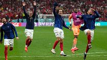 France's players celebrate after reaching a second successive World Cup final.