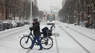 A woman pushes her bicycle across a road covered by snow in Strasbourg, eastern France. 