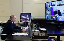 Putin nimmt an einem Kabinetts-Treffen von seinem Sitz außerhalb Moskaus teil. 14. Dezember 2022