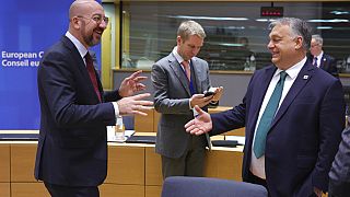 European Council President Charles Michel (L) and Hungarian Prime Minister Viktor Orban in Brussels. 