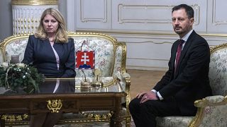 Slovakia's Prime Minister Eduard Heger meets Slovakia's President Zuzana Caputova