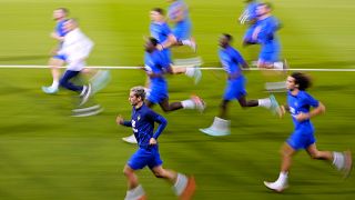 Edzésen a francia válogatott a katari Dohában 2022.december 16-án