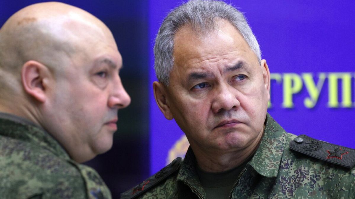 Russia's top military commander in Ukraine, Gen. Sergei Surovikin, left, and Russian Defence Minister Sergei Shoigu attend a meeting with Russian President Vladimir Putin 