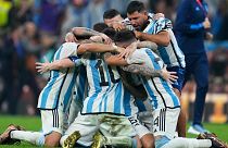 Players of Argentina celebrate defeating France in the World Cup final soccer match between Argentina and France at the Lusail Stadium in Lusail, Qatar, Sunday, Dec. 18, 2022.