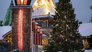 Santa's Office and a Christmas tree at Santa Claus Village in the Arctic Circle, Rovaniemi, Finnish Lapland.