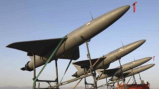 Drones are prepared for launch during a military drone drill in Iran. The Iranian-made drones are used by Russia to strike Kyiv