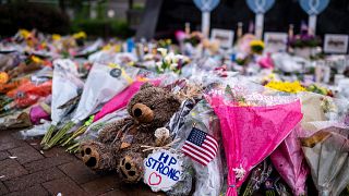 A memorial to the victims of the July 4th mass shooting in Highland Park, IL on Friday 8 July 2022.