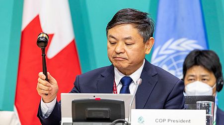 The president of COP15, China's Minister of Ecology and Environment Huang Runqiu, passes the Global Biodiversity Framework in Montreal, Canada, 19 December 2022.