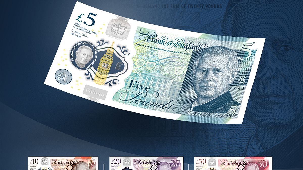 تصميم أوراق نقدية جديدة من فئة خمسة وعشرة وعشرين وخمسين جنيها استرلينيا من البوليمر التي تعرض صورة لملك بريطانيا تشارلز الثالث. 2022/12/19