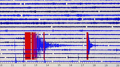 A seismograph report at Lick Observatory shows the readout of a magnitude 5.1 earthquake east of San Jose, Calif., Tuesday, Oct. 25, 2022. (Karl Mondon/Bay Area News Group via