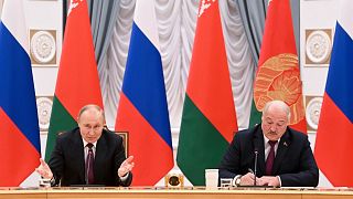 Russian President Vladimir Putin and Belarusian President Alexander Lukashenko attend the talks in Minsk, Belarus.