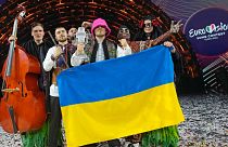 Kalush Orchestra from Ukraine celebrate after winning the Grand Final of the Eurovision Song Contest
