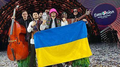 Kalush Orchestra from Ukraine celebrate after winning the Grand Final of the Eurovision Song Contest