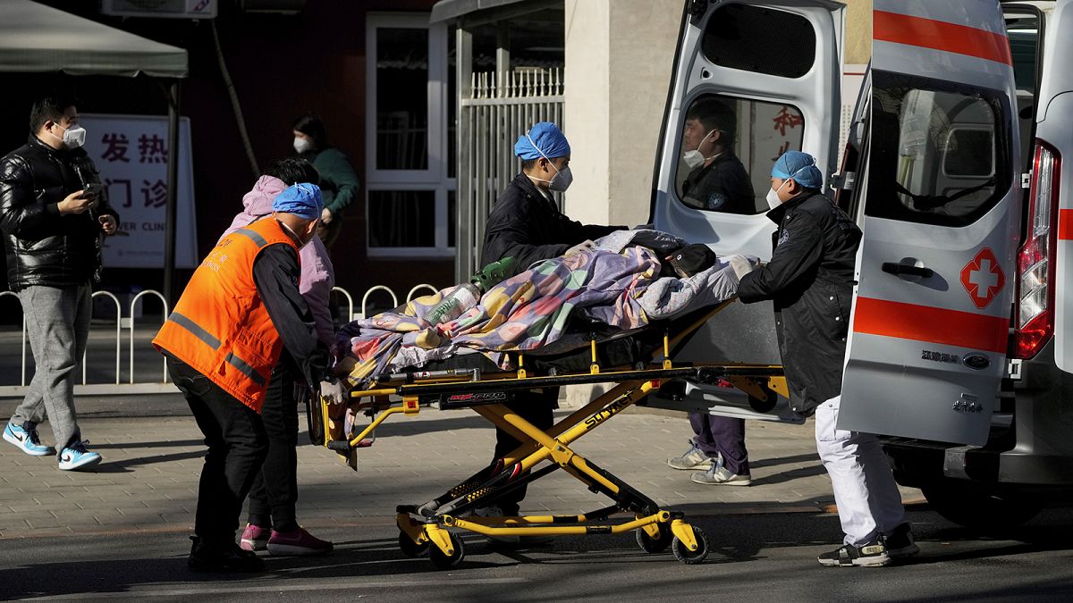 A patient is wheeled into the fever clinic at a hospital in Beijing, 19 December 2022