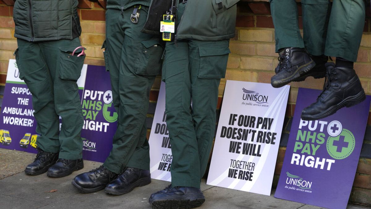 Placards lean against a wall alongside ambulance workers on a picket line in London, Wednesday, Dec. 21, 2022