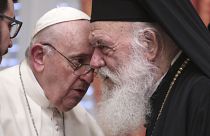 Pope Francis meets Archbishop of Athens and leader of Greece's Orthodox Church, Ieronymos II at the Orthodox archbishopric in Athens, Greece, on Dec. 4, 2021. 