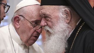 Pope Francis meets Archbishop of Athens and leader of Greece's Orthodox Church, Ieronymos II at the Orthodox archbishopric in Athens, Greece, on Dec. 4, 2021. 