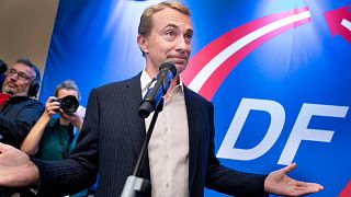 Morten Messerschmidt from the Danish People's Party speaks during election night at the Danish People's Party in Christiansborg, in Copenhagen, Nov. 1, 2022.