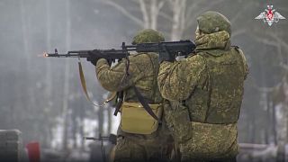 Russian troops take part in drills at an unspecified location in Belarus. Belarus provided its territory for the Russian troops that attacked Ukraine.