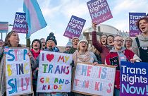 Supporters of the Gender Recognition Reform Bill (Scotland) take part in a protest outside the Scottish Parliament, ahead of a debate on the bill, in Edinburgh. December 2022