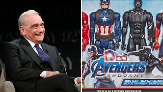 Martin Scorsese (left); a box of MCU toys (right)