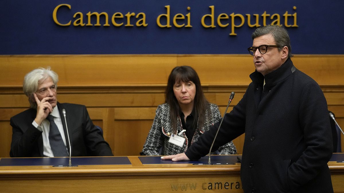 Senator Carlo Calenda, right, during a press conference on the establishing of a parliamentary investigative commission on Emanuela Orlandi, in Rome, 20 December 2022